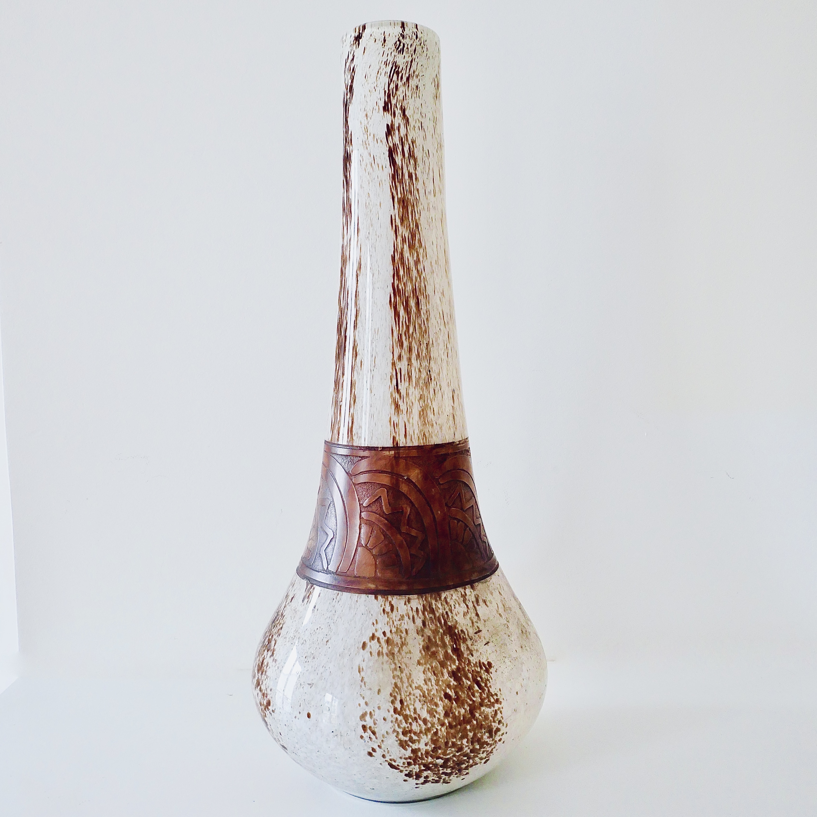 Large Art Deco Vase, White and Brown, Legras, France
